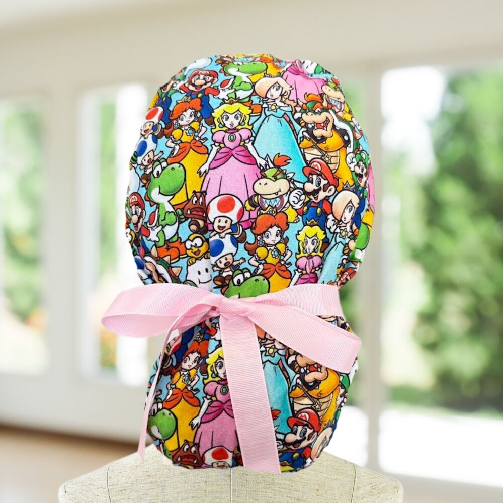 Super Mario ~ Ponytail Scrub Cap, Nurse Cap, Scrub Hat, OR, CNA, MD, Gift.